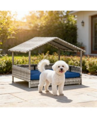 Rattan Dog House with Dark Blue Cushion for Outdoor in Gray