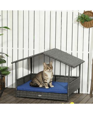 Dark Blue Outdoor Wicker Cat House with Canopy