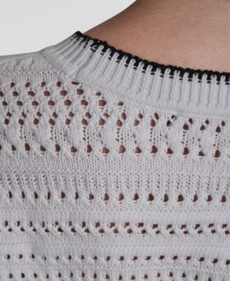 Women's Crew Neck Long-Sleeve Tipped Pointelle Sweater