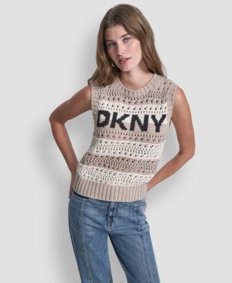 Women's Crew Neck Striped Pointelle Stitch Sweater
