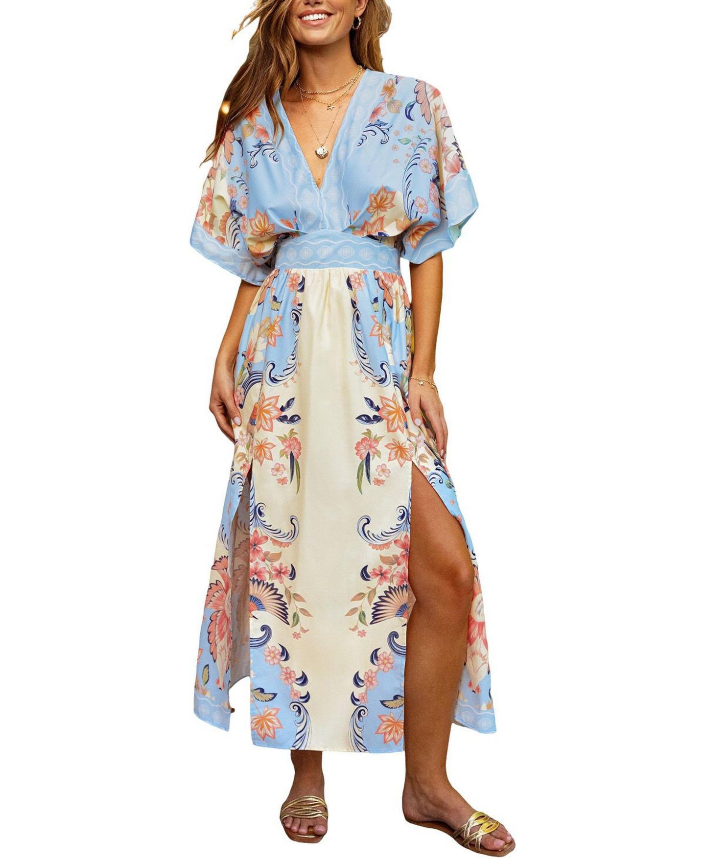 Женское платье Cupshe Plunging V-Neck Short-Sleeve Woven Maxi, цвет: Синий — фото 1
