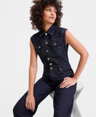 Women's Denim Barrel-Leg Sleeveless Jumpsuit