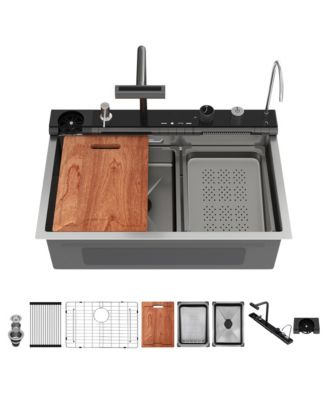 30x19x9inch Smart Waterfall Kitchen Sink Workstation Stainless Steel 16 Gauge with Faucet