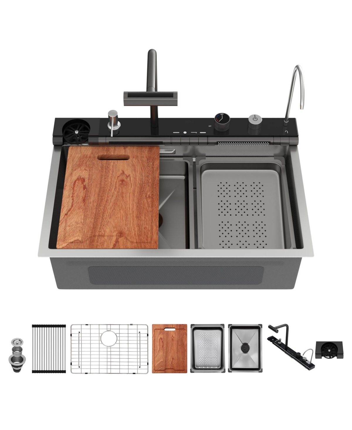 Flynama 30x19x9inch Smart Waterfall Kitchen Sink Workstation Stainless Steel 16 Gauge with Faucet