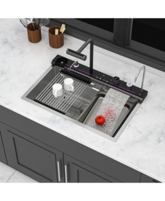 30x19x9inch Smart Waterfall Kitchen Sink Workstation Stainless Steel 16 Gauge with Faucet