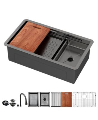 33x16.72x10inch Undermount Gunmetal Black Waterfall Kitchen Sink Stainless Steel Workstation