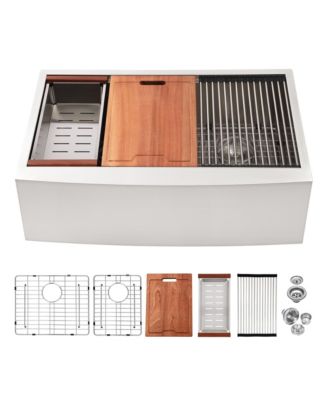 33x22x10 Inch Double Bowl 60 and 40 Farmhouse Workstation Kitchen Sink 16 Gauge T304 Stainless Steel Apron Front