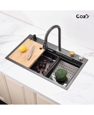 30x22inch Black Waterfall Kitchen Sink Stainless Steel Single Bowl Workstation SSBL12 with Flying rain Faucet Cutting Board