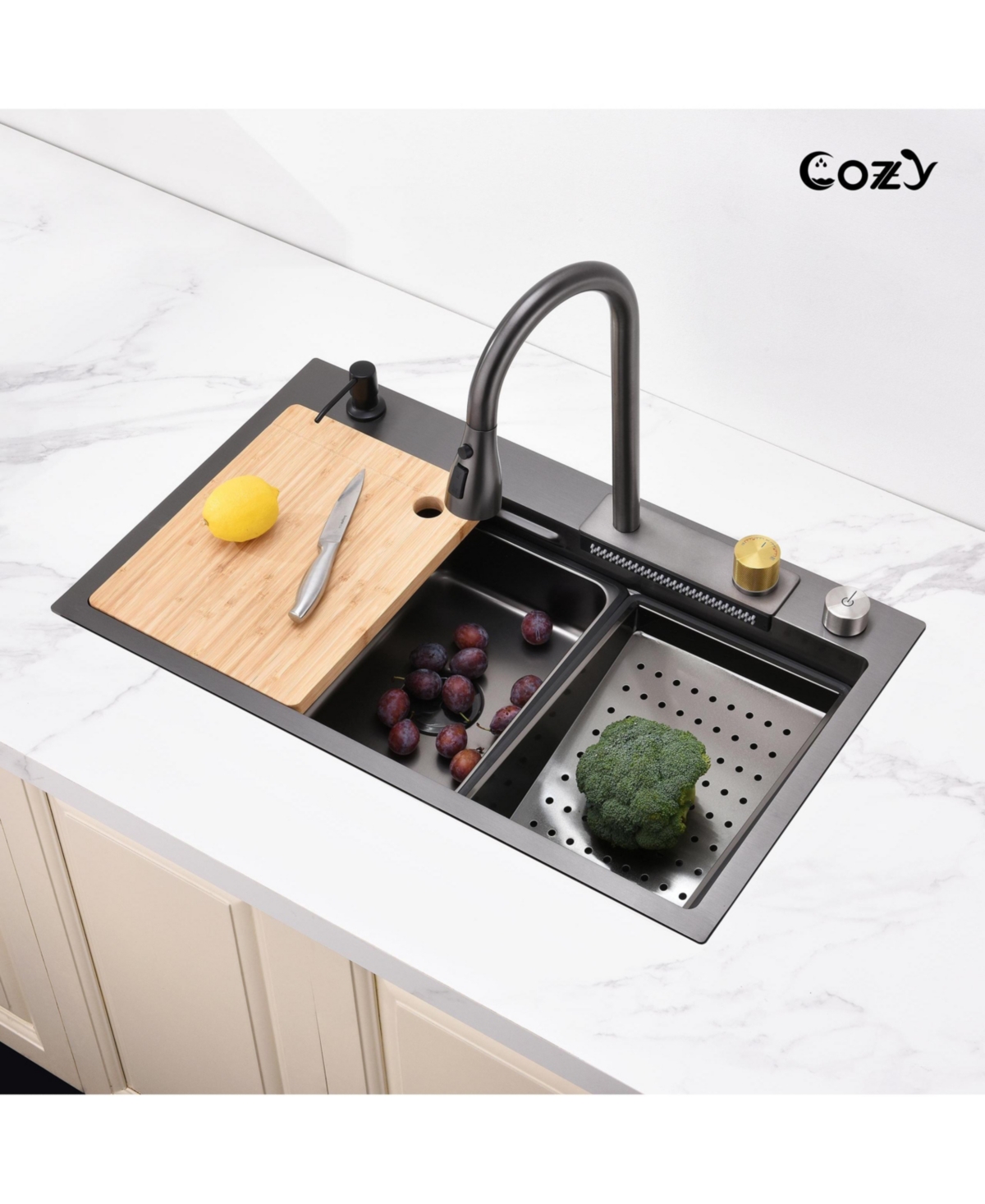 flynama 30x22inch Black Waterfall Kitchen Sink Stainless Steel Single Bowl Workstation SSBL12 with Flying rain Faucet Cutting Board