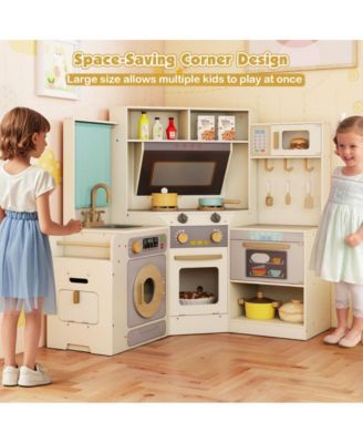 Kids Corner Wooden Play Kitchen with Realistic Cooking Features and Storage
