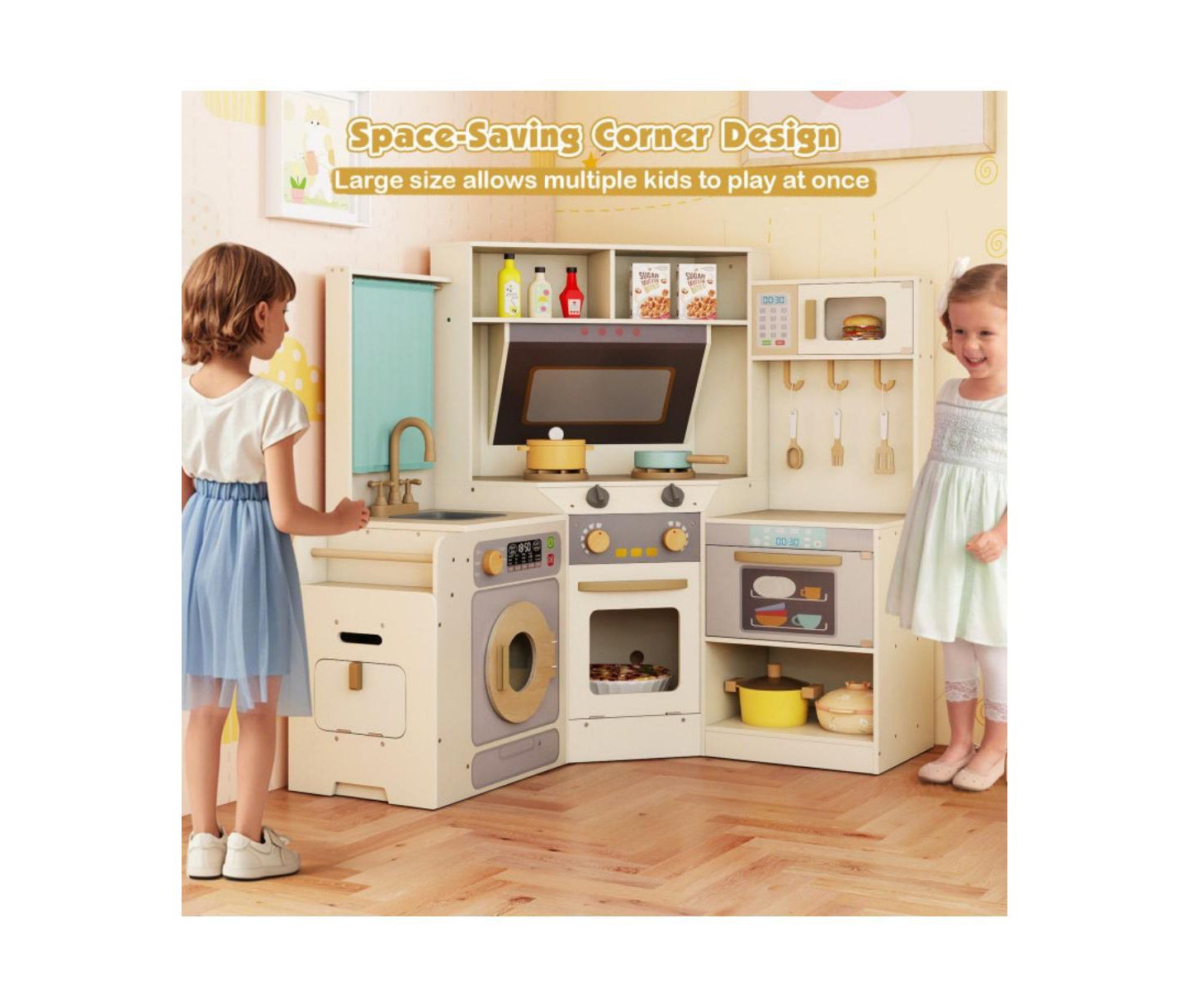 Детская игрушка HONGGE Interactive Wooden Corner Play Kitchen, Ages 3+, цвет: Бежевый / Хаки — фото 3