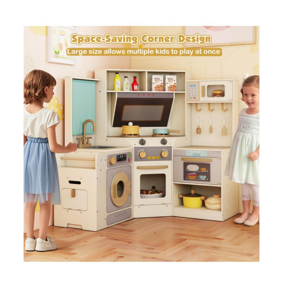 Hongge Kids Corner Wooden Play Kitchen with Realistic Cooking Features and Storage
