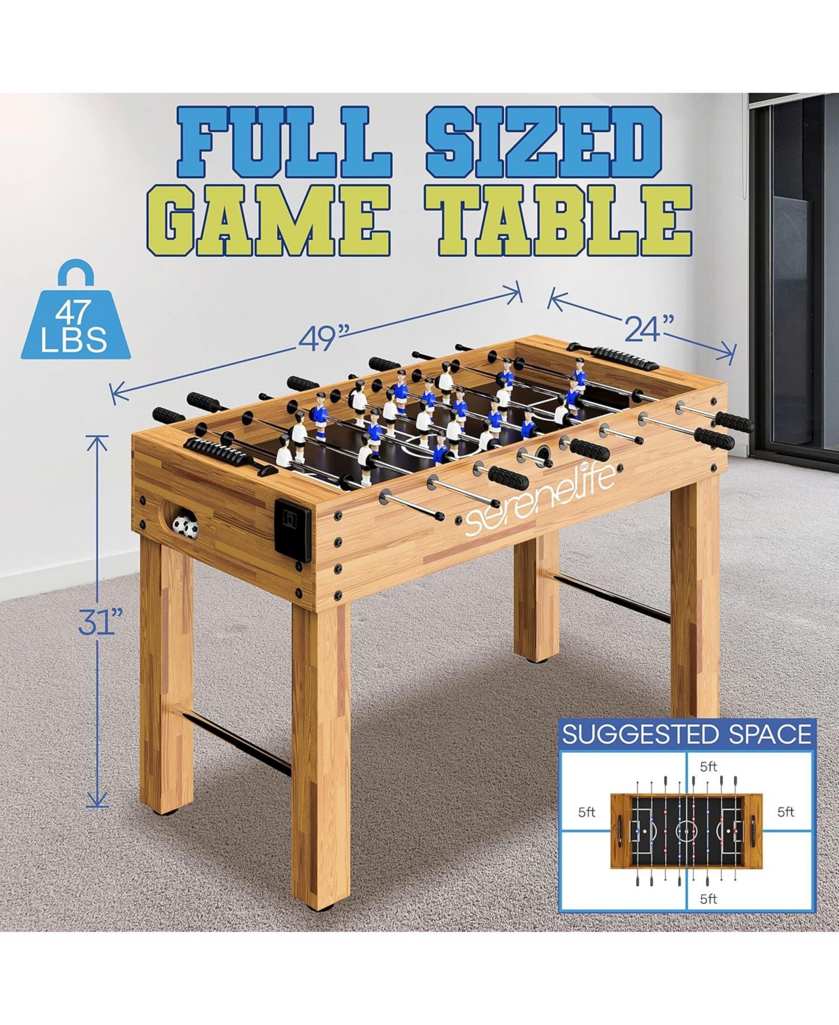 SereneLife 48” Competition Foosball Table – Height Adjustable Arcade Soccer Game with Cup Holders & 2 Balls for Home, Game Room