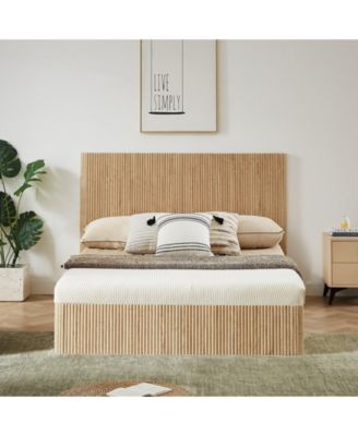 Queen Size Lift-Up Storage Bed Frame with Hydraulic System, Wooden Corrugated Curved Lines.