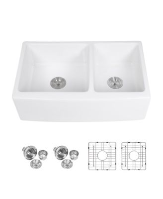 White Ceramic Porcelain 6040 Double Bowl Farmhouse Kitchen Sink with Stainless Steel Accessories
