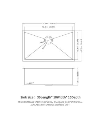 30x18x10inch Gunmetal Black Undermount Kitchen Sink Single Bowl Stainless Steel 16 Gauge