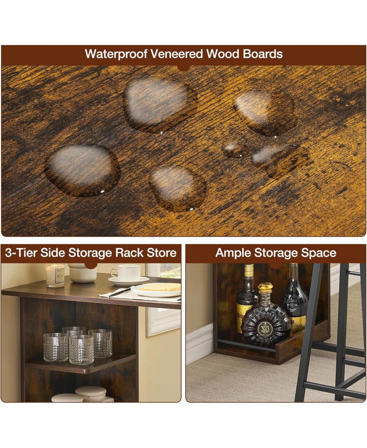 gaomon Bar Table and 2 Chairs Set, 3 Piece Dining Table Set with 3 Tier Storage Shelves, Wood Counter Height Bar Table and Stools Set