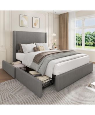 Upholstered Platform Bed Frame with Storage Drawers, Corduroy Wingback with Tufted Headboard and Footboard