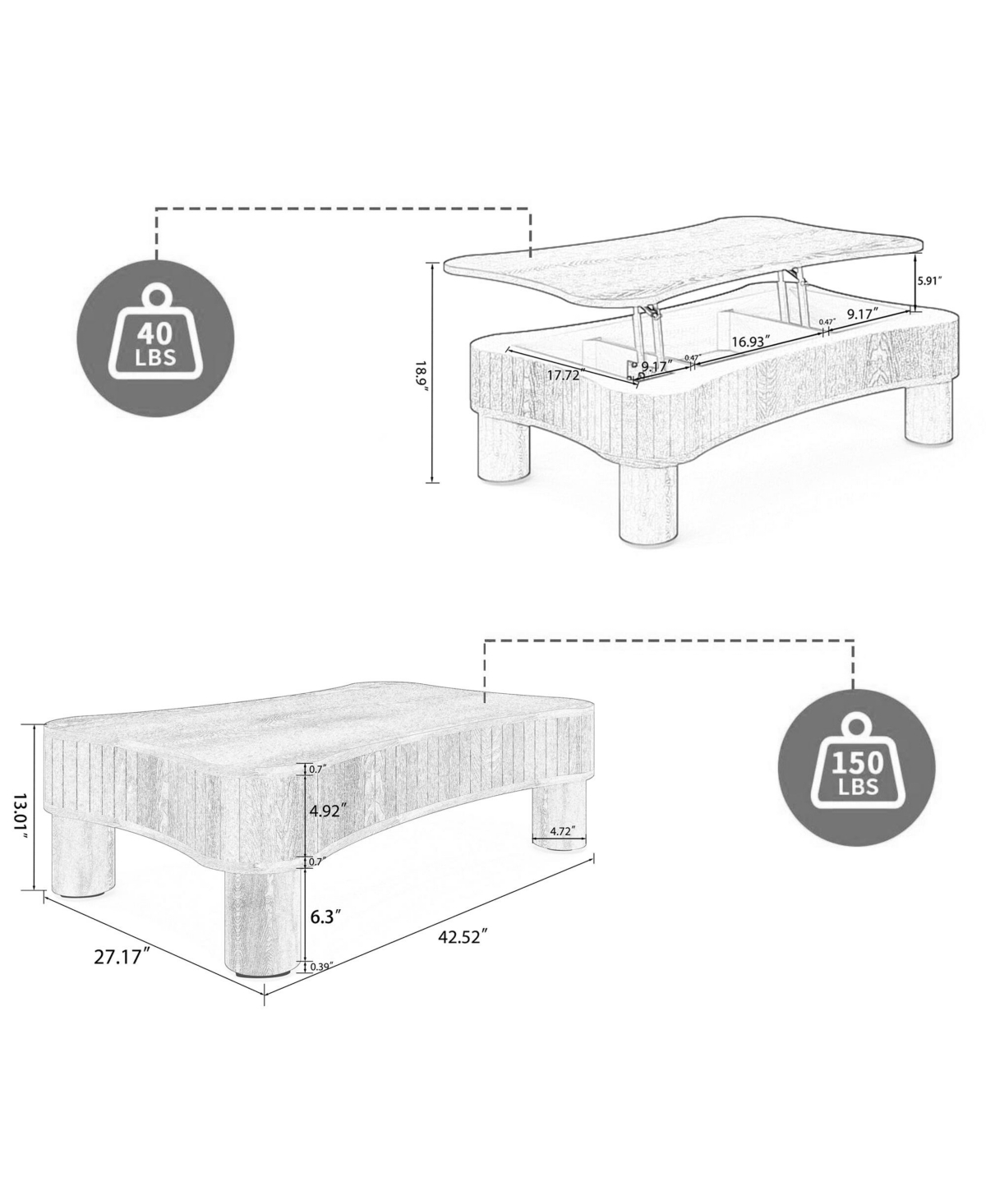 Boyel Living Lift Top Coffee Table for Room 42 Inches with Hidden Storage and Silent Hydraulic