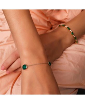 Delicate  10K Yellow Gold Cushion Cut  Green Onyx Station Bracelet