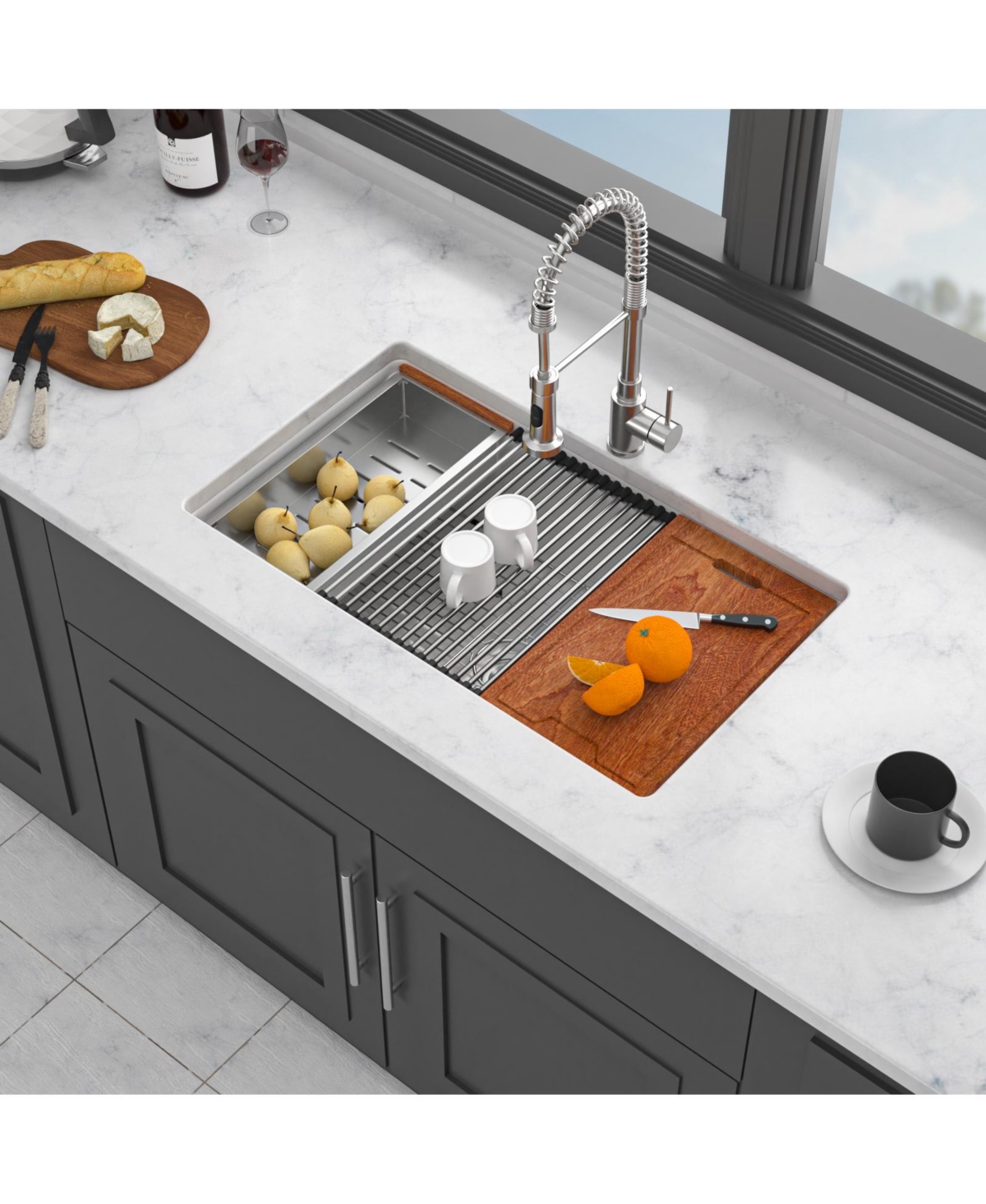 flynama Porcelain Ceramic Single Bowl Dual Mount Undermount Workstation Kitchen Sink