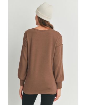 Maternity Ribbed Split Neck Long Sleeve Top