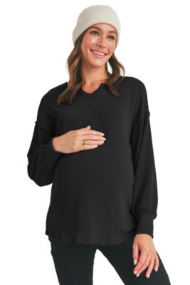 Maternity Ribbed Split Neck Long Sleeve Top