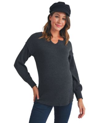 Maternity Ribbed Split Neck Long Sleeve Top