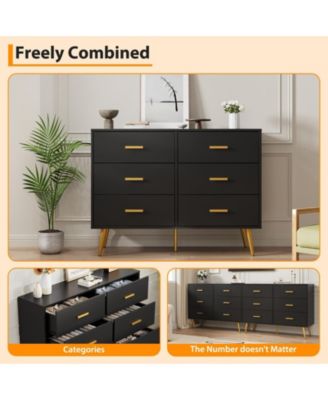 6 Drawer Wooden Dresser with Gold Knobs, Large Storage Chest for Bedroom Living Room or Entryway