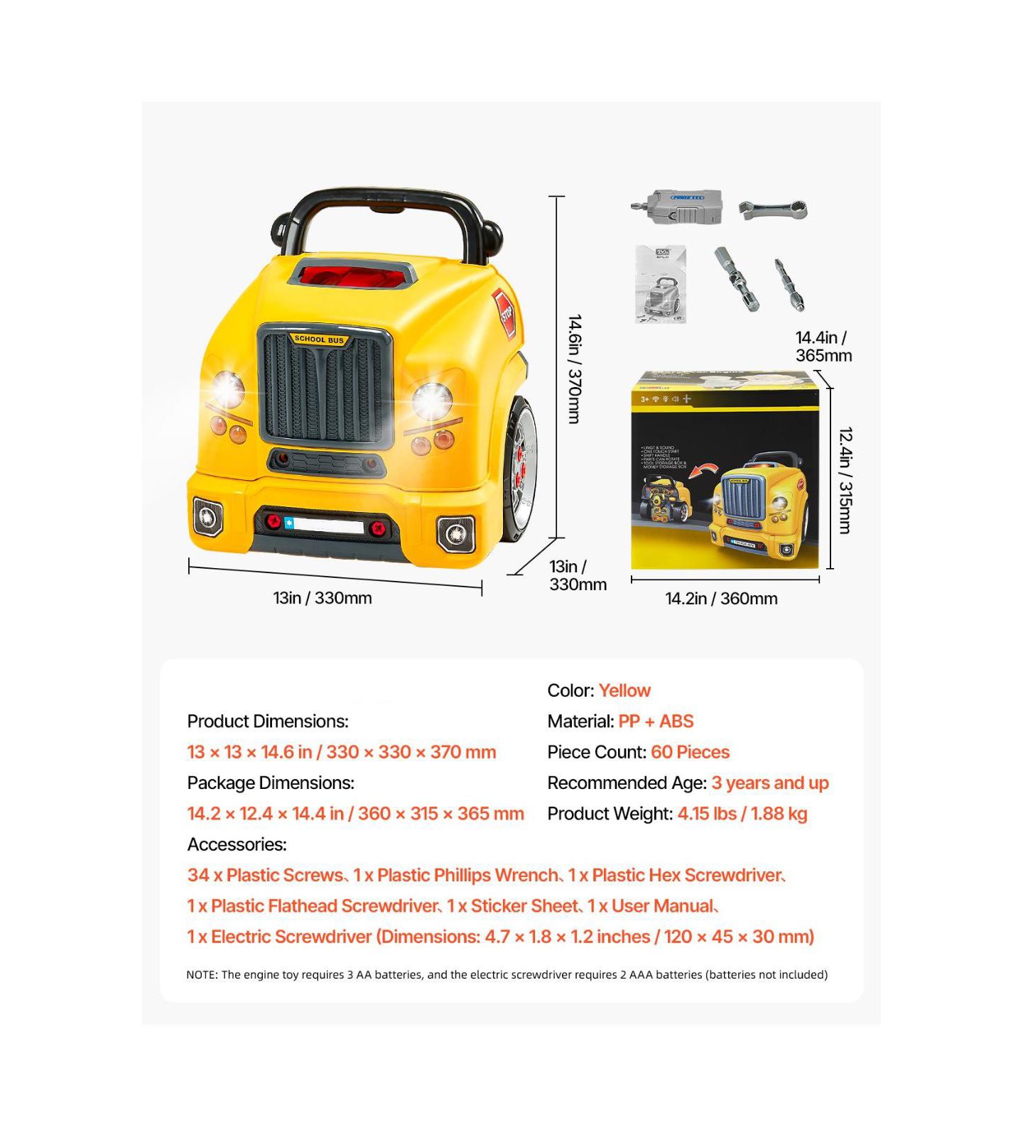 Детский игровой набор Slickblue Mechanic Car Repair 60-Piece Playset with Lights, Sounds, Steering Wheel and Horn, от 3 лет, цвет: Жёлтый — фото 3