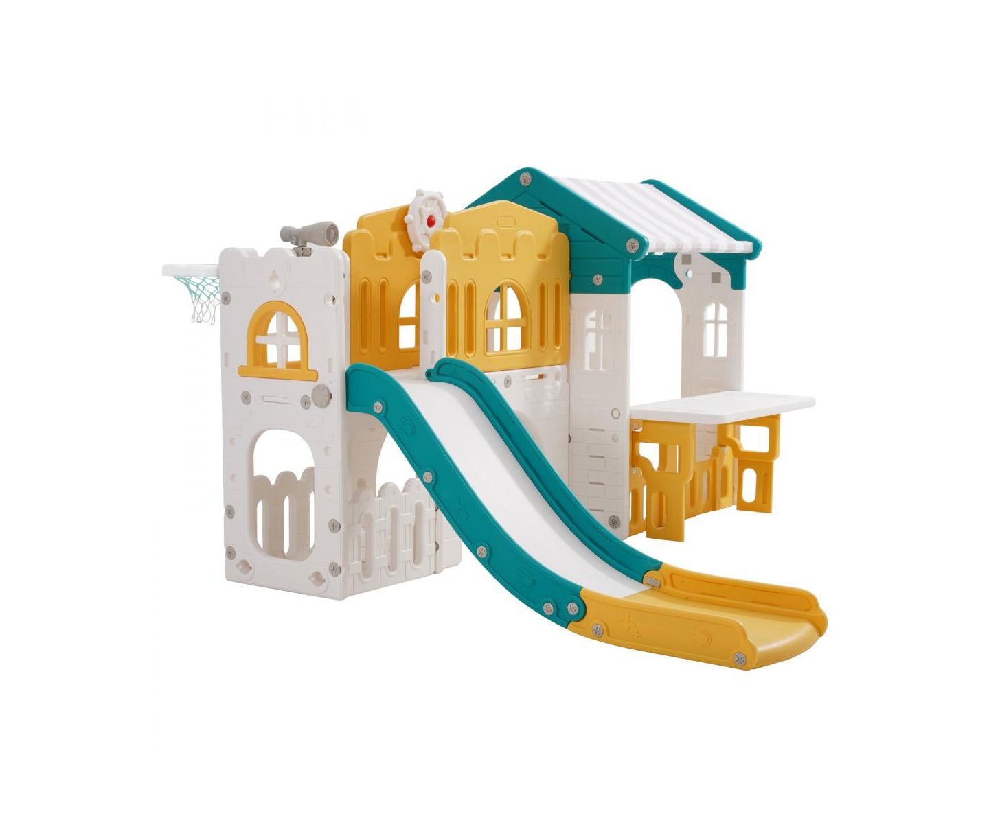 Детский игровой набор Slickblue Hdpe Toddler Playset with Slide, Basketball Hoop & Telescope, 73.6"L x 59.4"W x 43.5"H, Ages 1-3, цвет: Белый / Жёлтый — фото 2