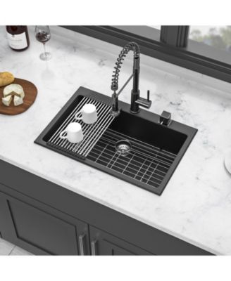 huluwat Black Quartz Composite Kitchen Sink Drop In Granite