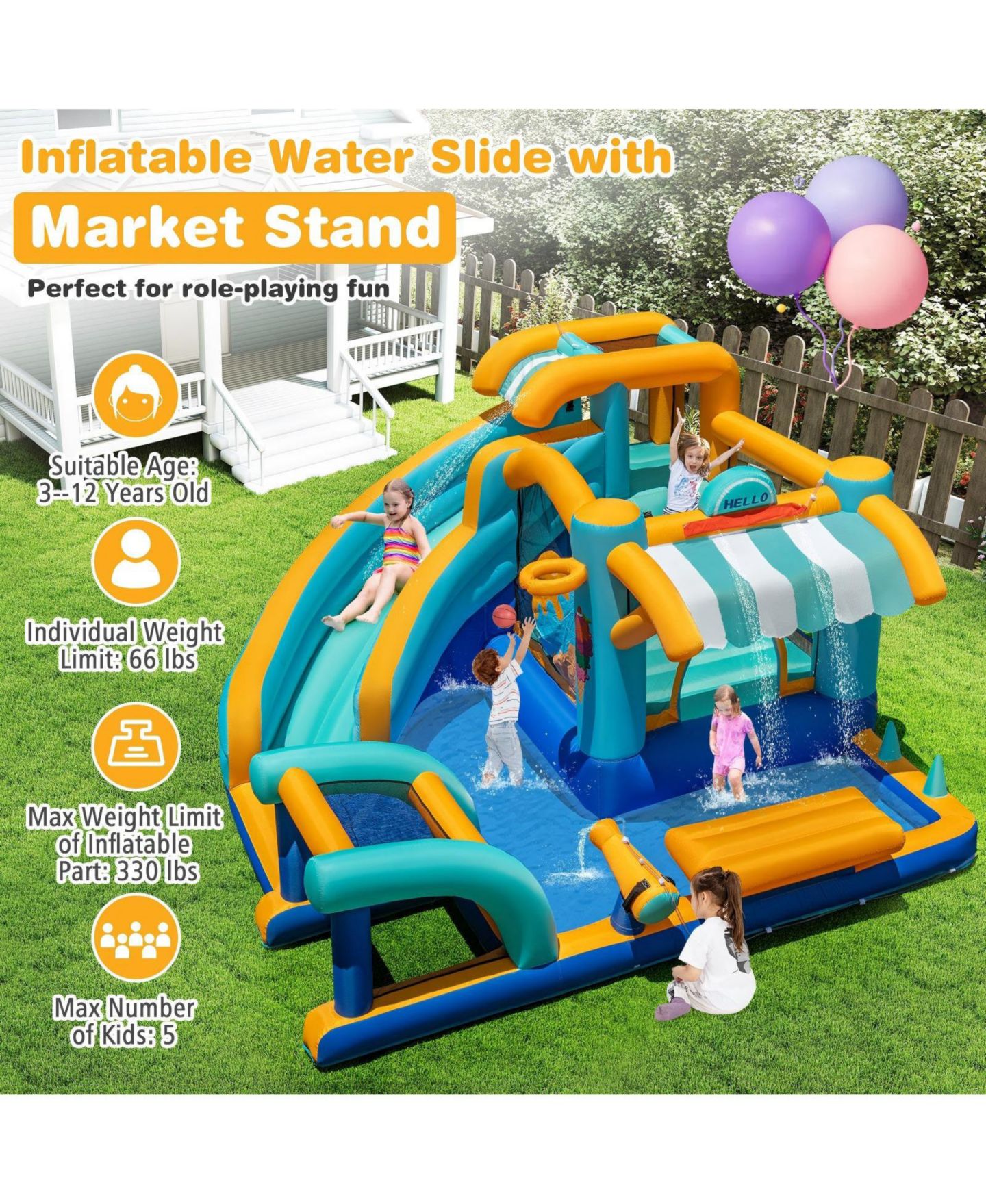 Детская игрушка HONGGE Ice Cream Inflatable Bounce House with Water Slide and Pool, Up to 5 Players, Ages 3+, цвет: Жёлтый — фото 5