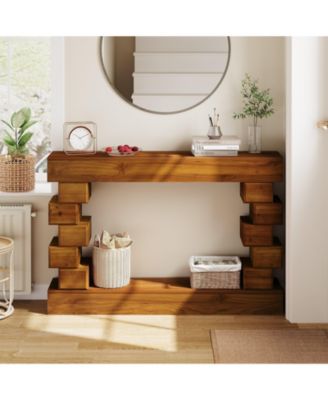 Geometric Block Stacked Wood Console Table with Warm Natural Finish, Entryway Table