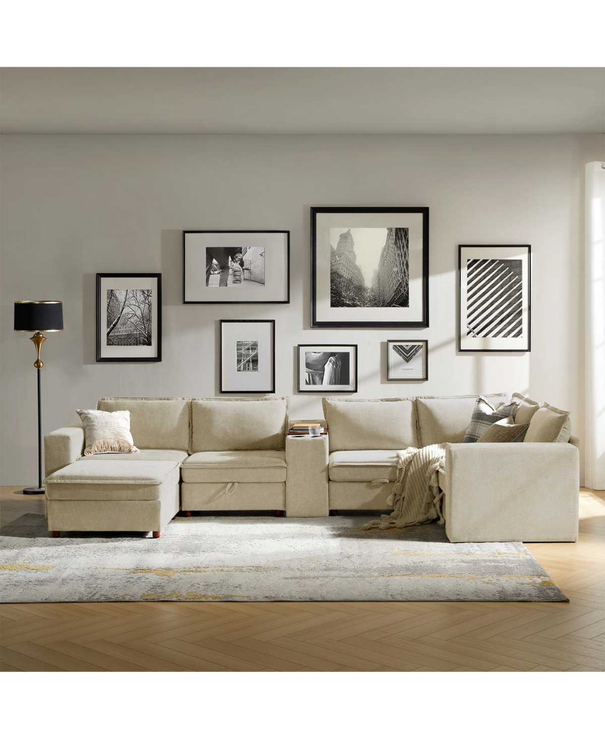 Hulala Home Buelow 144” Modern Storage Sectional Sofa With Charging Station And Middle Compartment