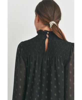 Maternity Long Sleeve Mock Neck Polka Dot Smocked Blouse