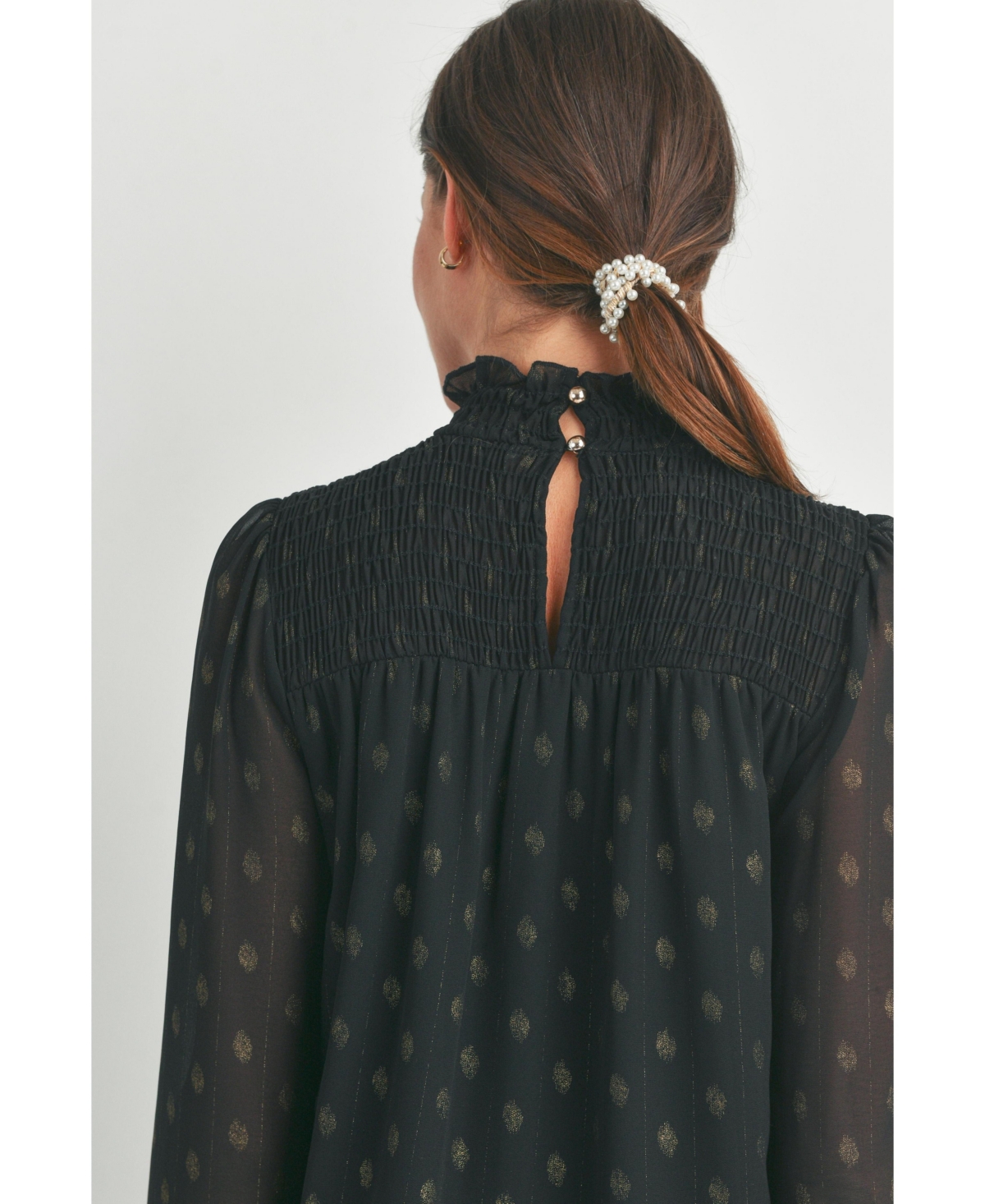 Hello Miz Maternity Long Sleeve Mock Neck Polka Dot Smocked Blouse