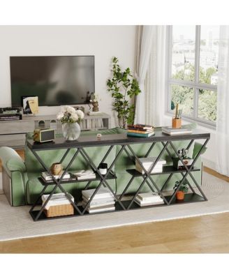Industrial 3-Tier Entryway Table with X-Shaped Metal- Warm Rustic Vintage Wood Tone, Double X Metal Frames with 2 Shelves