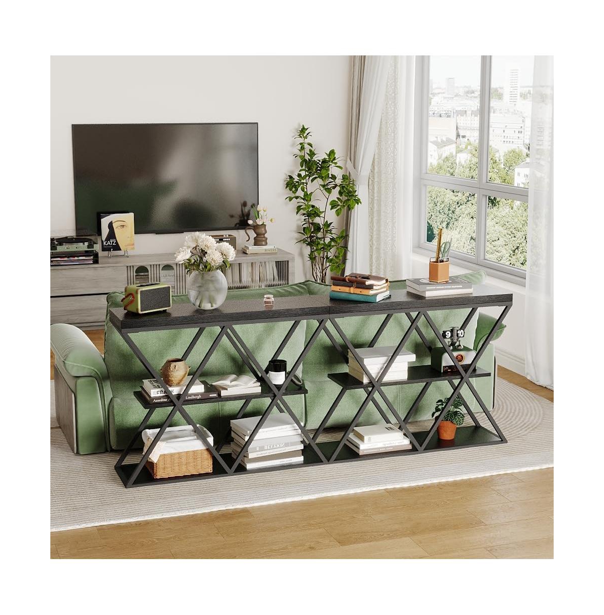 gaomon Industrial 3-Tier Entryway Table with X-Shaped Metal- Warm Rustic Vintage Wood Tone, Double X Metal Frames 2 Shelves, Versatile for Living