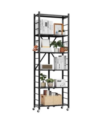 6-Tier Foldable Storage Shelf, No-Assembly Metal Rack w/ Wheels & Hooks