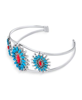 Western Navajo Style Red Blue Turquoise Conoch Flower Blossom Wide Cuff Bracelet .925 Sterling Silver