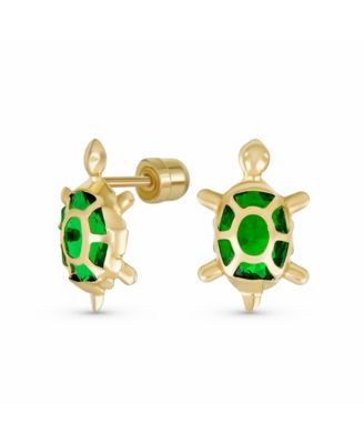 Petite Keepsake Nautical Jewelry CZ Green Turtle Yellow 14K Gold Stud Earrings Secure Screw-back
