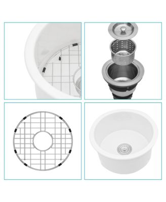 huluwat Porcelain Fireclay Circular Kitchen Sink Dual Mount Single Bowl with Grid