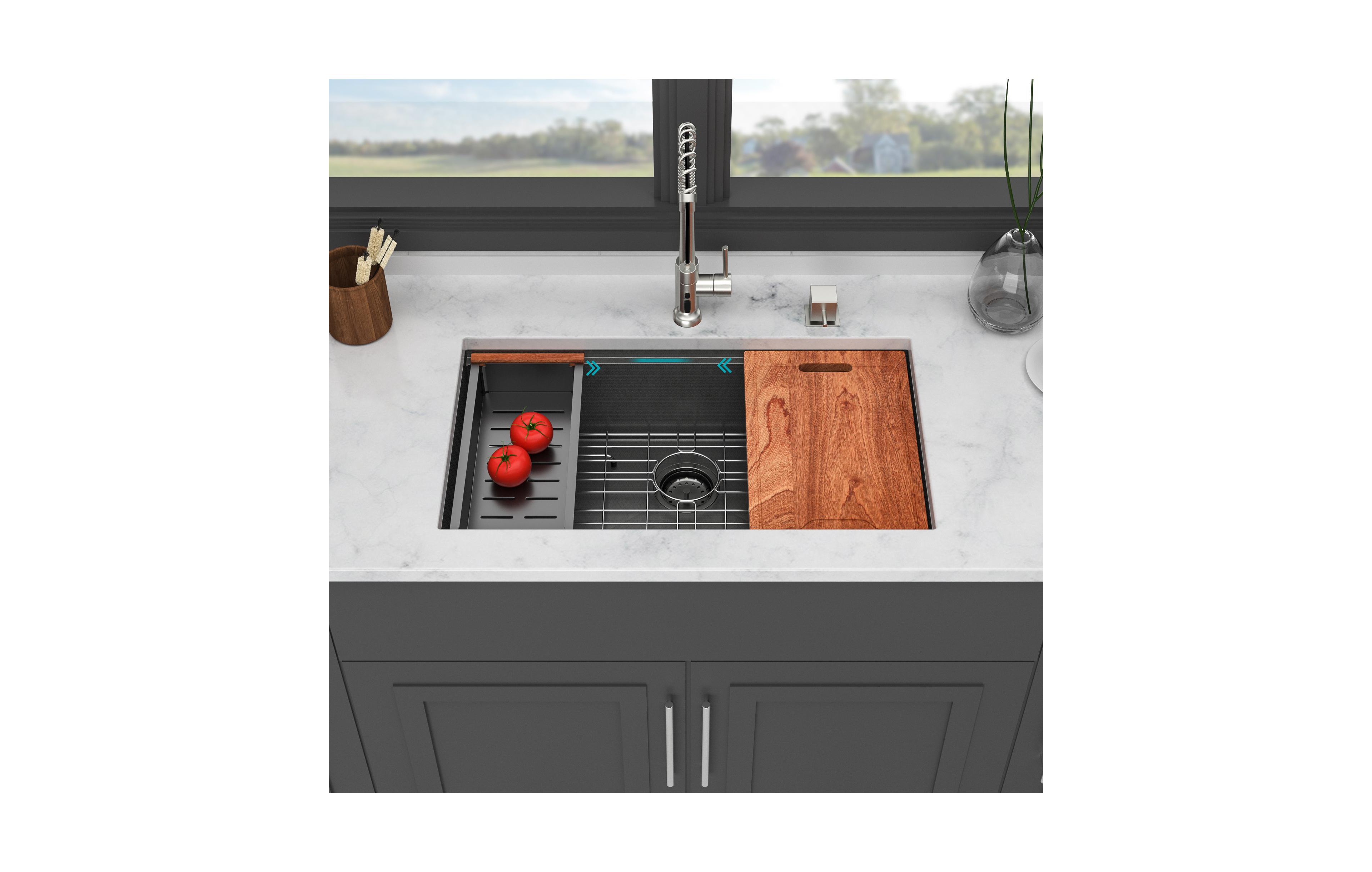 flynama 33inch Undermount Kitchen Sink Gunmetal Black 16G T304 Stainless Steel Ledge Workstation 33x19x9inch with Full Accessories Nano Plating