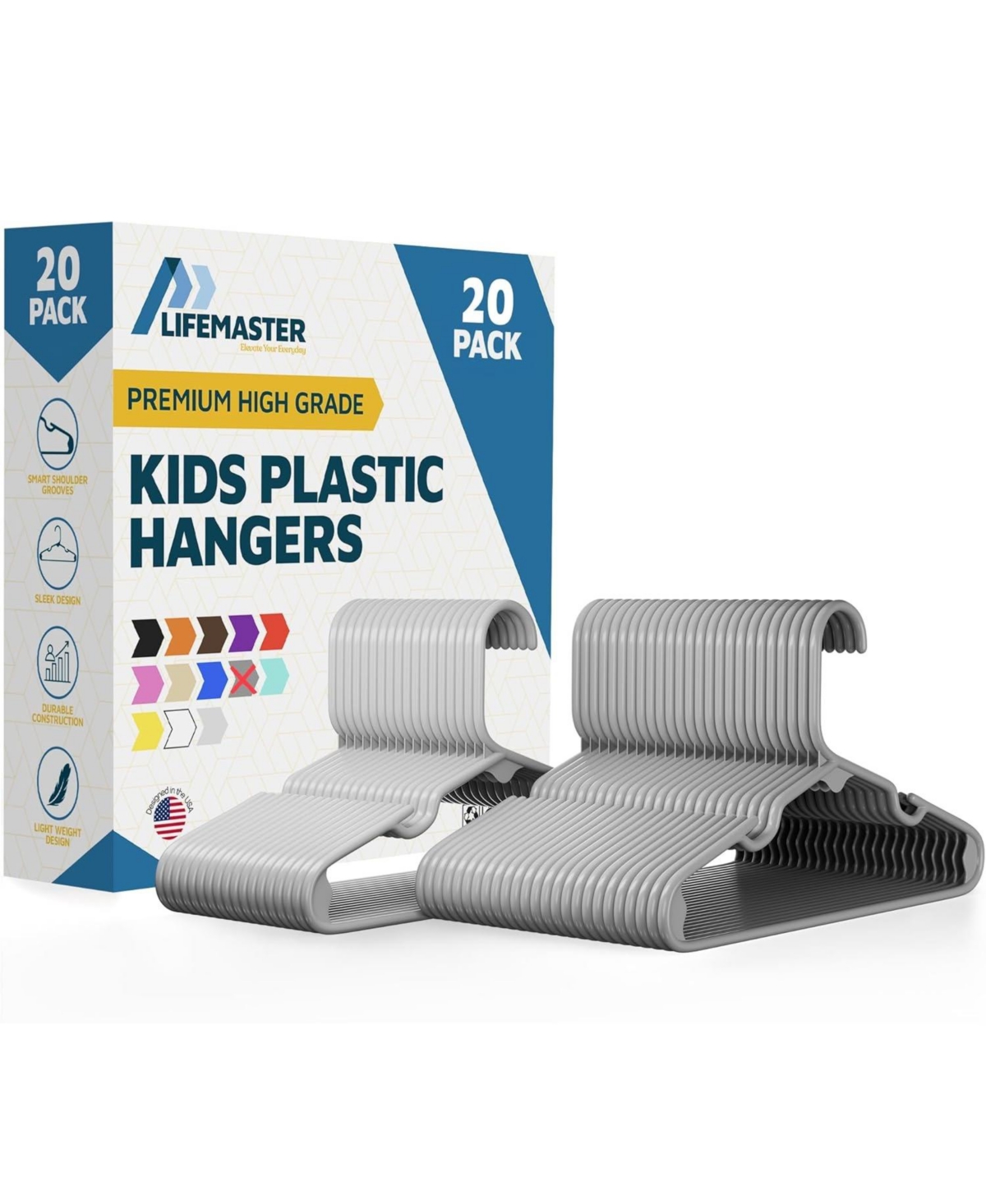 Lifemaster Kids Plastic Hangers, Gray, 11.6", with shoulder notches, space-saving, hold 5 lbs, ideal for baby, toddler & kids clothes, 20-pack.