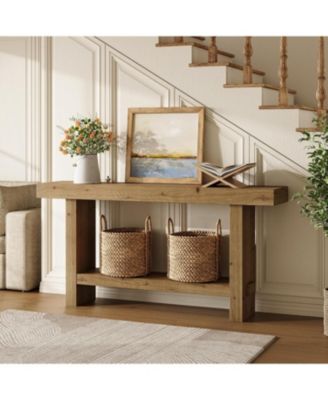 63-Inch Solid Wood Console Table, 2-Tier Narrow Farmhouse Entryway Table for Hallway, Entrance, Living Room, Behind The Couch,Brown