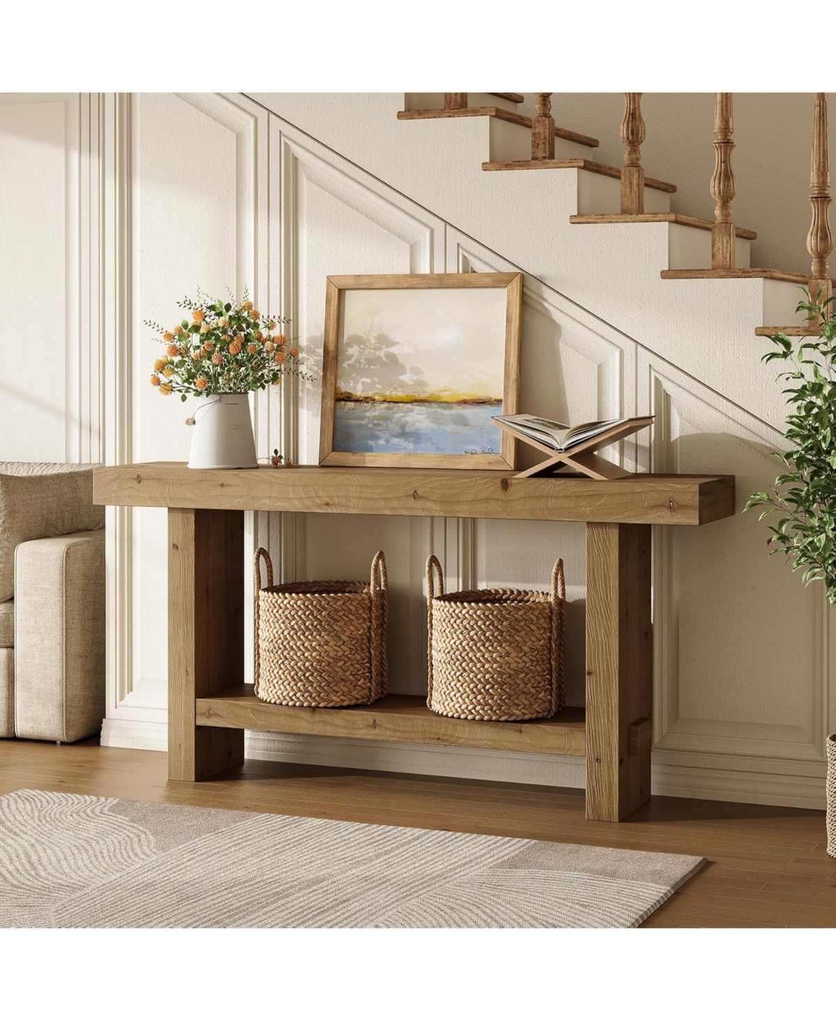 Tribesigns 63-Inch Solid Wood Console Table, 2-Tier Narrow Farmhouse Entryway Table for Hallway, Entrance, Living Room, Behind The Couch,Brown