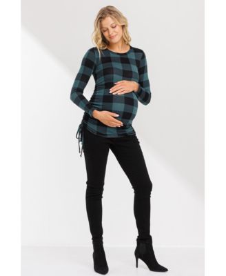 Maternity Plaid Side Ruched Long Sleeve Top