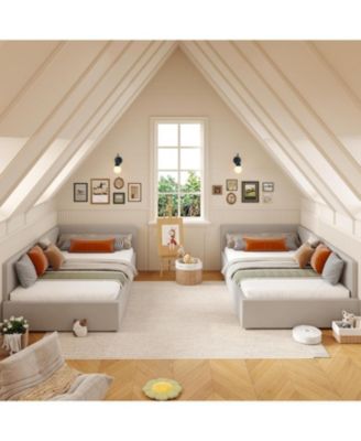 Twin Velvet Daybed with Headboard, Corner Sofa Bed Frame with Guardrails, Upholstered Bed for Bedroom