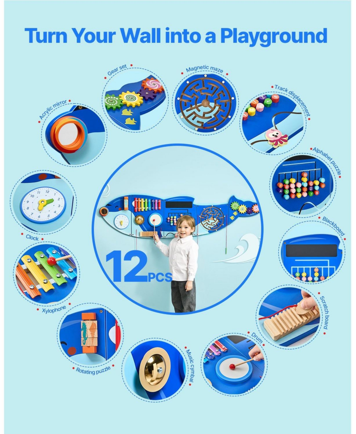 Sugift Orca Busy Board with 12 Montessori Sensory Activities